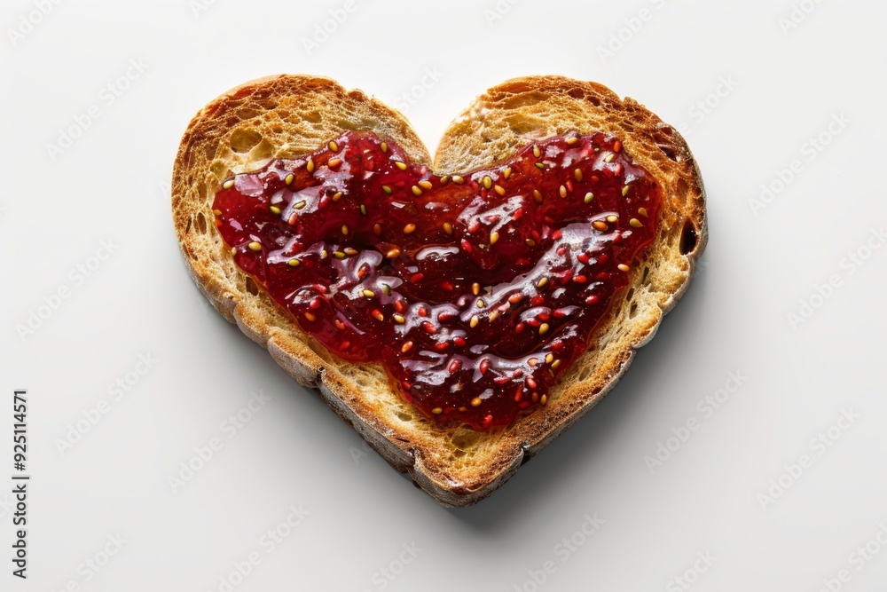A heart-shaped piece of toast with strawberry jam Hyper realistic. Shot with canon 5d Mark III on a clear white background --ar 3:2 --style raw Job ID: a2f56ce3-3df9-4ab7-844a-f237500e5114