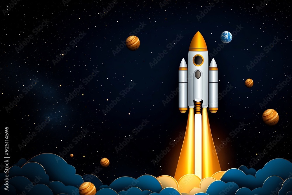 A rocket launches into space, leaving a trail of fire and smoke behind, with planets and stars visible in the distance. A rocket launches into space, leaving a trail of fire and smoke behind, with planets and stars visible in the distance.