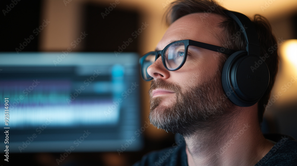 man in headphones in his home studio, concept for podcasting or music recording man in headphones in his home studio, concept for podcasting or music recording