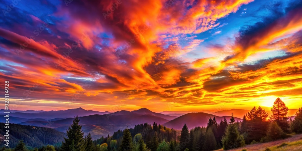 Vibrant sunset over a mountain landscape with colorful clouds and silhouettes of trees, sunset, mountain, landscape, colorful Vibrant sunset over a mountain landscape with colorful clouds and silhouettes of trees, sunset, mountain, landscape, colorful