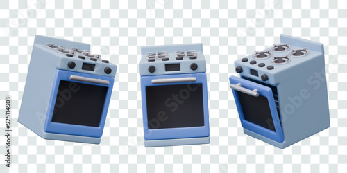 Kitchen stove in different positions. Gas stove with four burners and oven