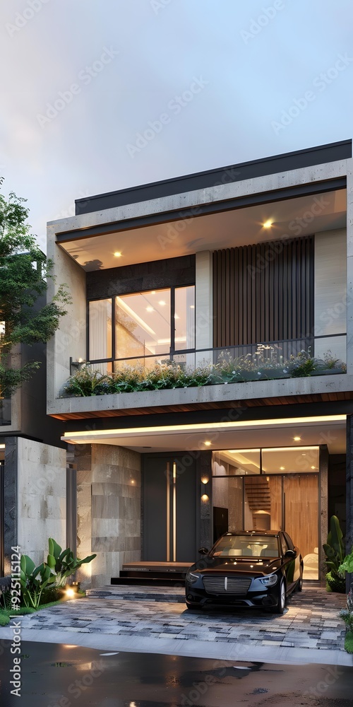 Modern House with Stone Facade and Black Car Modern House with Stone Facade and Black Car
