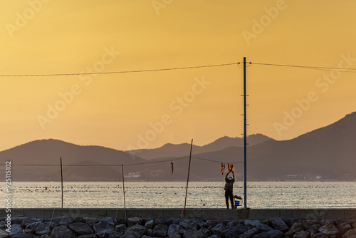 Goseong-gun, Gyeongsangnam-do, South Korea - December 31, 2020: A female is drying moray eels on drying line with a telephone pole on breakwater agasint sea and glow in the sky at Daepo Port
 photo