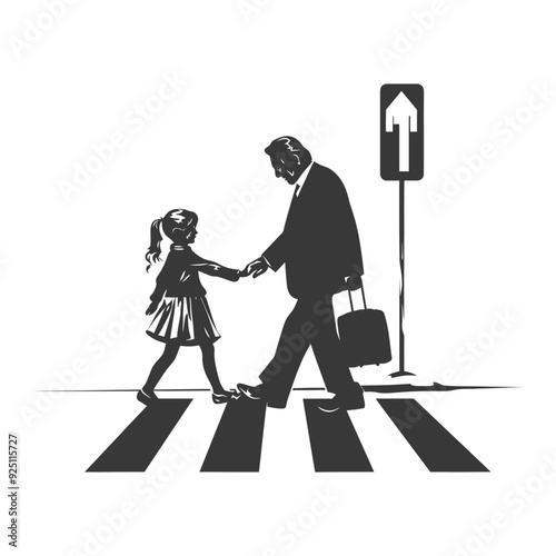 Monochrome illustration: Businessman and girl crossing street, holding hands.