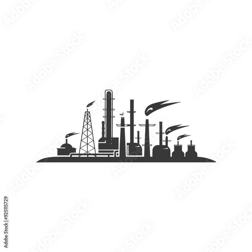 Industrial Complex Silhouette: Refinery, Oil Derricks, and Pollution Plume