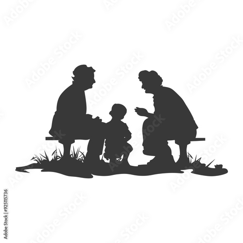 Silhouette of Grandparents and Child Sharing a Moment on a Bench