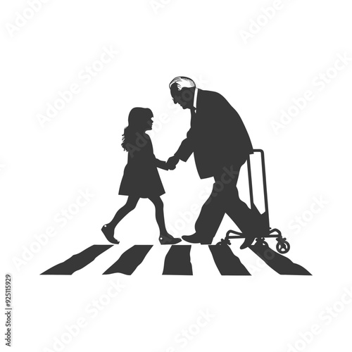 Silhouette of Grandfather and Granddaughter Crossing Zebra Crossing with Walker