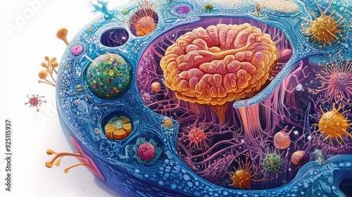 Colorful Illustration of a Human Cell with Detailed Organelles, Microtubules, and Cytoplasm. photo