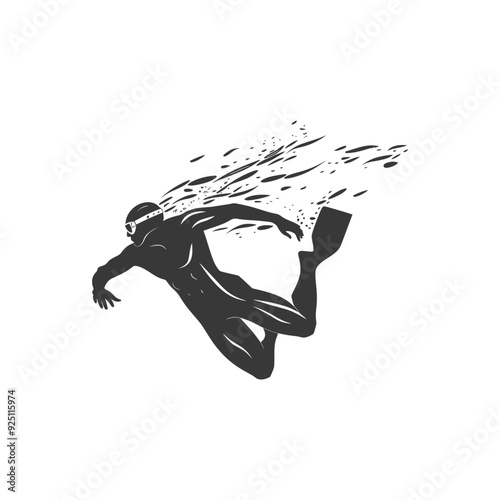 Freediver Silhouette: Dynamic Underwater Motion, Monochrome Vector Art