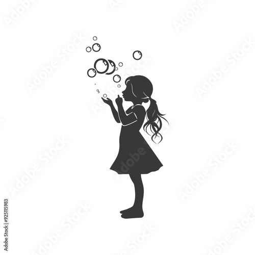 Silhouette of Girl Blowing Bubbles, Childlike Innocence, Playful Vector Art