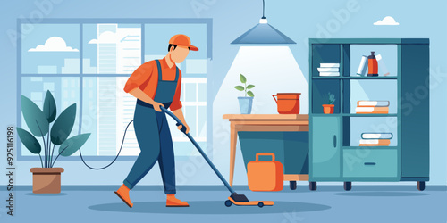 Cleaning service. A male cleaner in uniform vacuums the floor in an office space. Vector illustration
