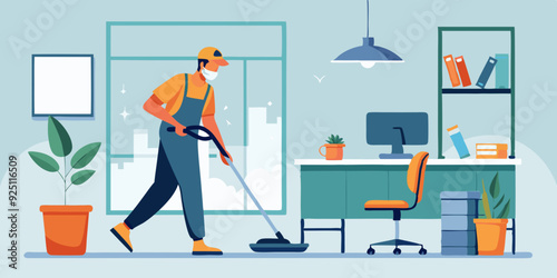 Cleaning service. A male cleaner in uniform vacuums the floor in an office space. Vector illustration
