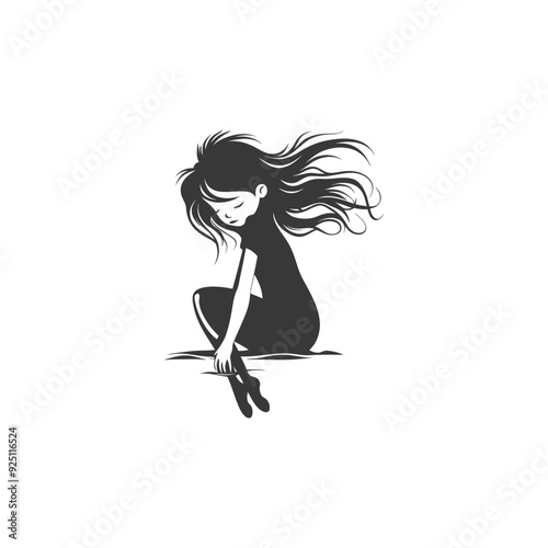 Silhouette of Pensive Girl with Flowing Hair, Sitting on Ground
