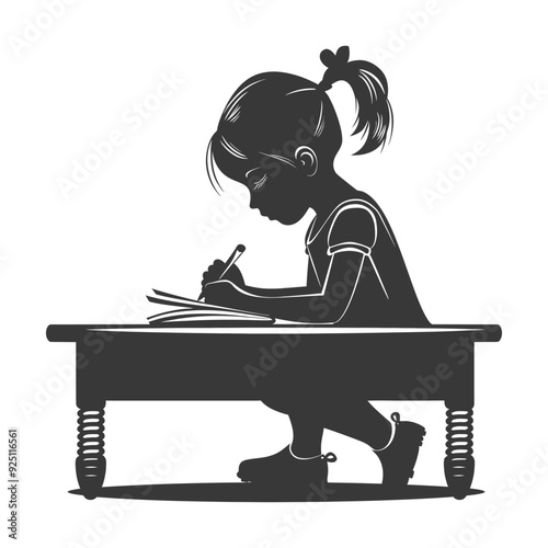Silhouette of Focused Girl Child Writing at Low Table
