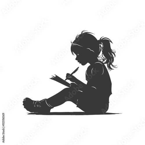 Silhouette of Young Girl Pensively Writing in Notebook