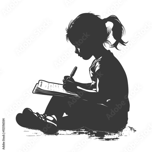 Silhouette of Young Girl Concentratedly Writing in Notebook