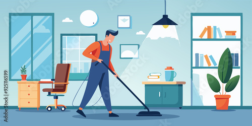 Cleaning service. A male cleaner in uniform vacuums the floor in an office space. Vector illustration

