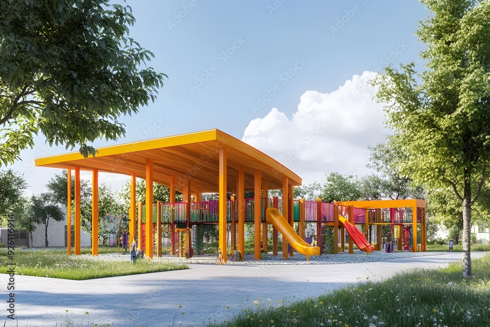 Colorful Playground Structure with Covered Area and Slides Colorful Playground Structure with Covered Area and Slides