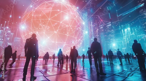 A visual representation of the metaverse, featuring interconnected digital worlds, avatars, and advanced technology in a vibrant, futuristic setting 