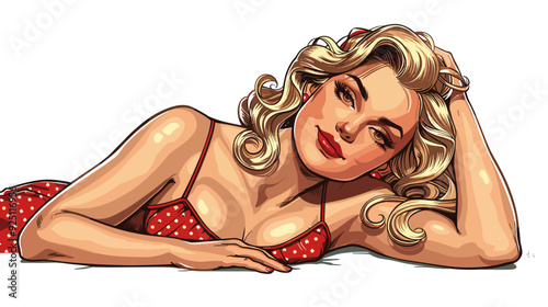 Sexy blonde woman in red swimsuit. Pop art retro vector illustration