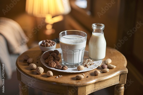 Almond milk, nuts and glass of tasty milk on old wooden table photo