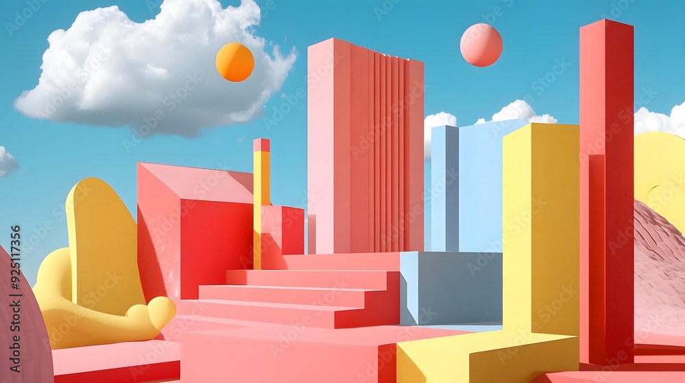 Abstract 3D Illustration with Colorful Geometric Shapes and a Blue Sky