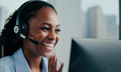 Business woman, call center and laughing on headphones for funny joke, meme or conversation on computer at office. Portrait of happy female consultant agent laugh with headset on PC for communication