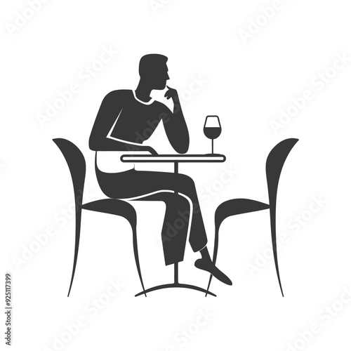 Silhouette of Contemplative Man at Bistro Table with Wine