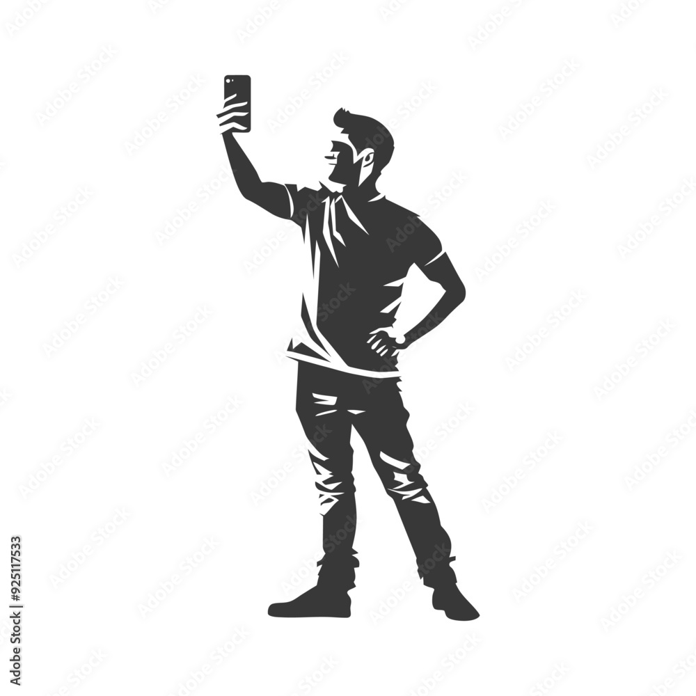 Stylish Man Taking Selfie, Monochrome Vector Illustration Stylish Man Taking Selfie, Monochrome Vector Illustration