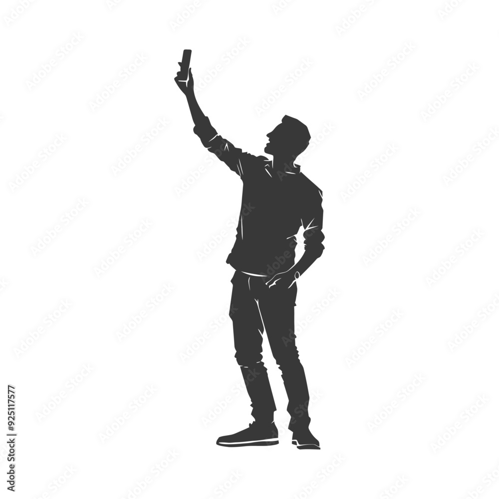 Silhouette of Man Taking a High-Angle Selfie, Monochromatic Vector Illustration Silhouette of Man Taking a High-Angle Selfie, Monochromatic Vector Illustration