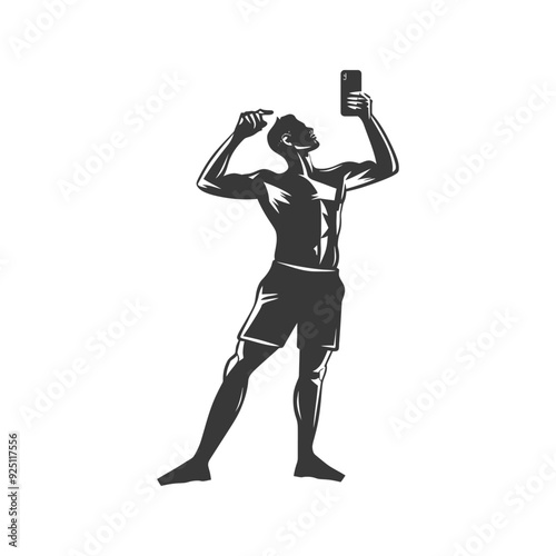 Monochrome Muscular Man Self-Portrait with Smartphone