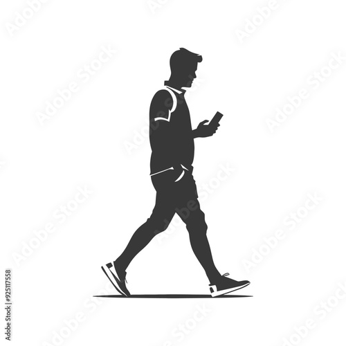 Silhouette of Young Man Walking, Using Smartphone, Casual Style