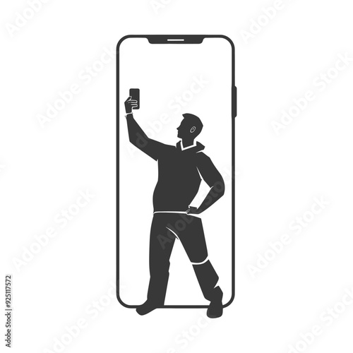 Silhouette Man Taking Selfie Inside Giant Smartphone Screen