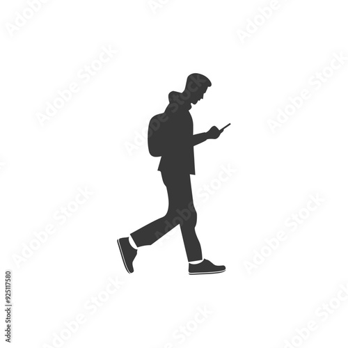 Silhouette of Walking Traveler Checking Smartphone, Backpack, Side View