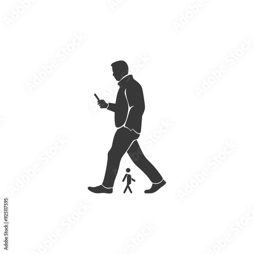 Giant Man Walking, Tiny Figure at Feet, Smartphone in Hand