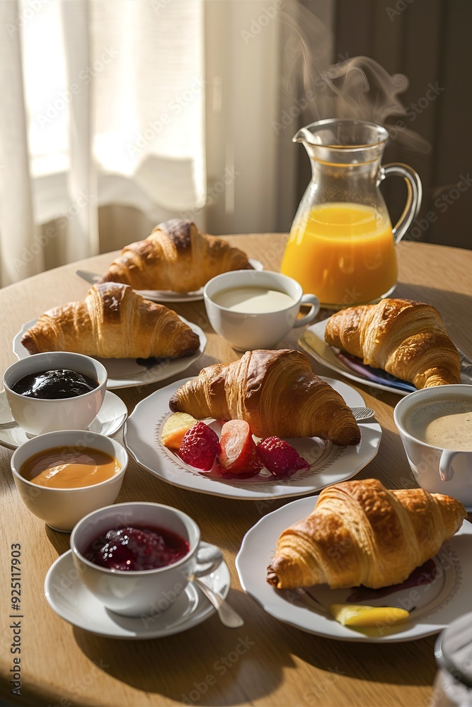 Croissants on table with jam, continental breakfast Croissants on table with jam, continental breakfast