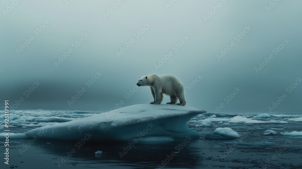 Naklejka premium Polar Bear Standing on Iceberg in Arctic Ocean, Climate Change, Global Warming, Wildlife Photography