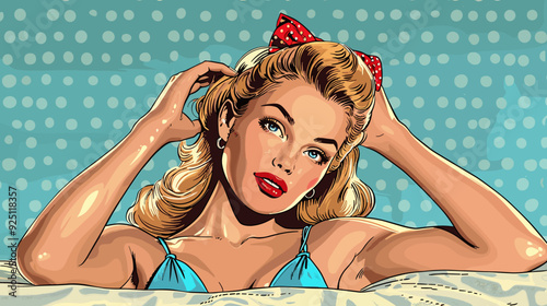 Beautiful blonde girl in pinup style. Vector hand drawn illustration