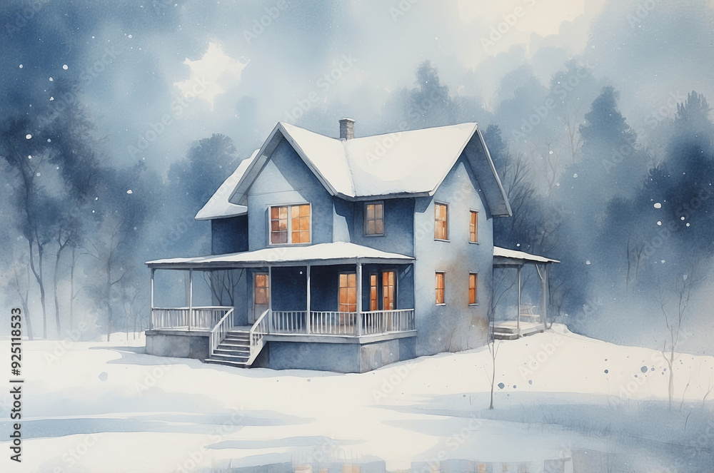 Watercolor painting of a cabin in winter in the countryside Watercolor painting of a cabin in winter in the countryside