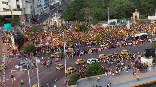 Cinematic view of the people of Colombia Celebration the classification of the World Cup in a national party in the Clock tower in Cartagena