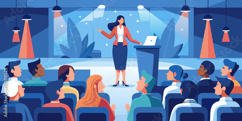 Conference or scientific seminar. Woman performing on stage in front of an audience in the hall. Business lecture, event
