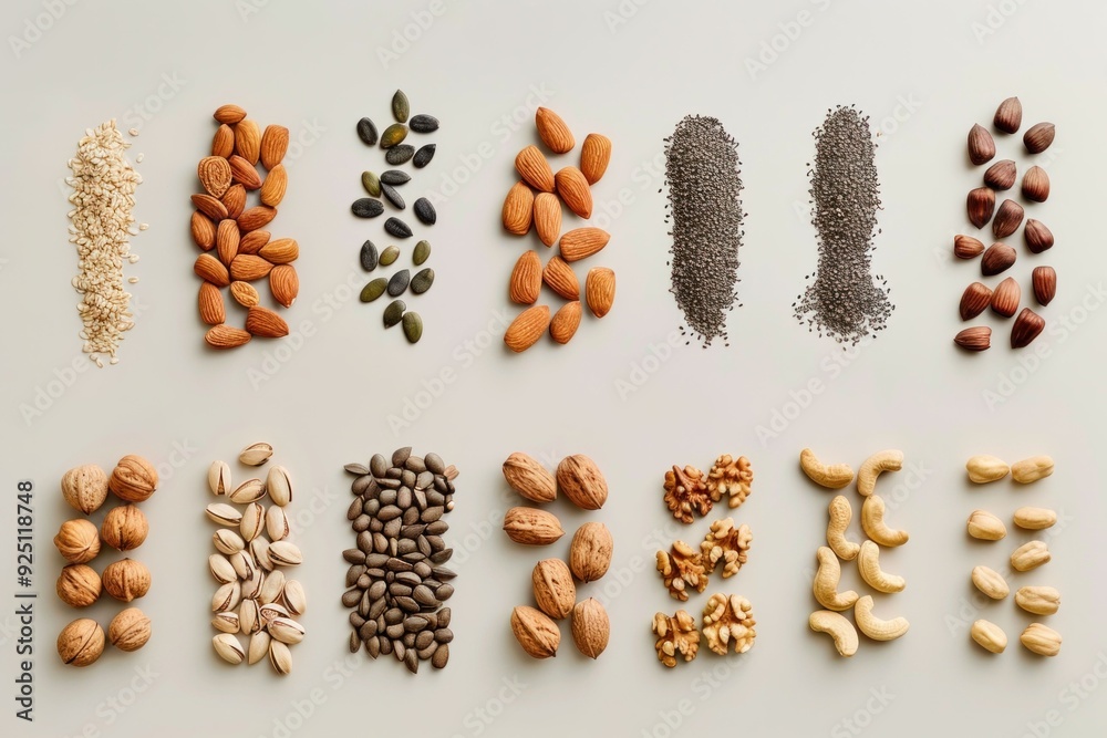 Arrangement of various nuts and seeds on a light gray background Arrangement of various nuts and seeds on a light gray background