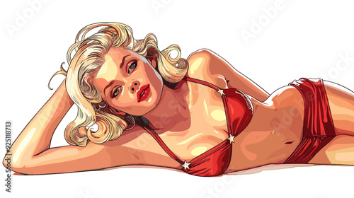 Sexy blonde woman in red swimsuit. Pop art retro vector illustration