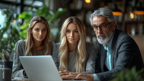 A group of three professionals collaborate thoughtfully over a laptop in a vibrant café, surrounded by lush greenery and soft lighting