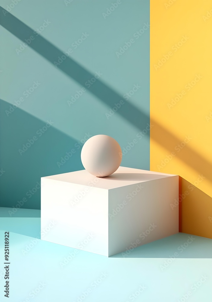 Minimalist Sphere on White Cube Against Blue and Yellow Background Minimalist Sphere on White Cube Against Blue and Yellow Background