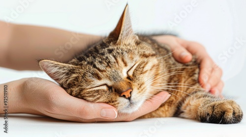 Hands caressing striped cat  pet care concept banner with white background and copy space