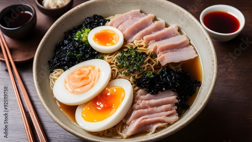 A bowl of japanese ramen with toppings like boiled eggs nori and sliced pork served with soy sauce, Ai Generated photo