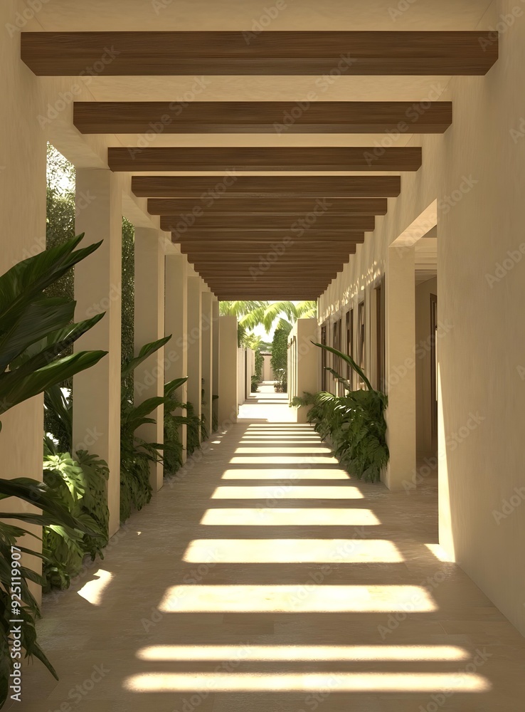 Long Covered Corridor with Wooden Beams and Plants Long Covered Corridor with Wooden Beams and Plants