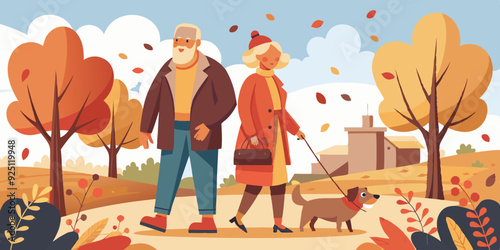 Elderly couple walks with a dog in the park in autumn. Seniors are walking
