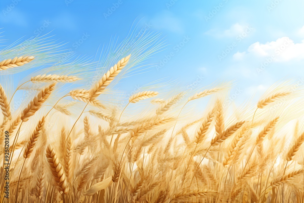 Fototapeta premium Harvest golden wheat crop season fields swaying in the wind during the day with a clear sky 